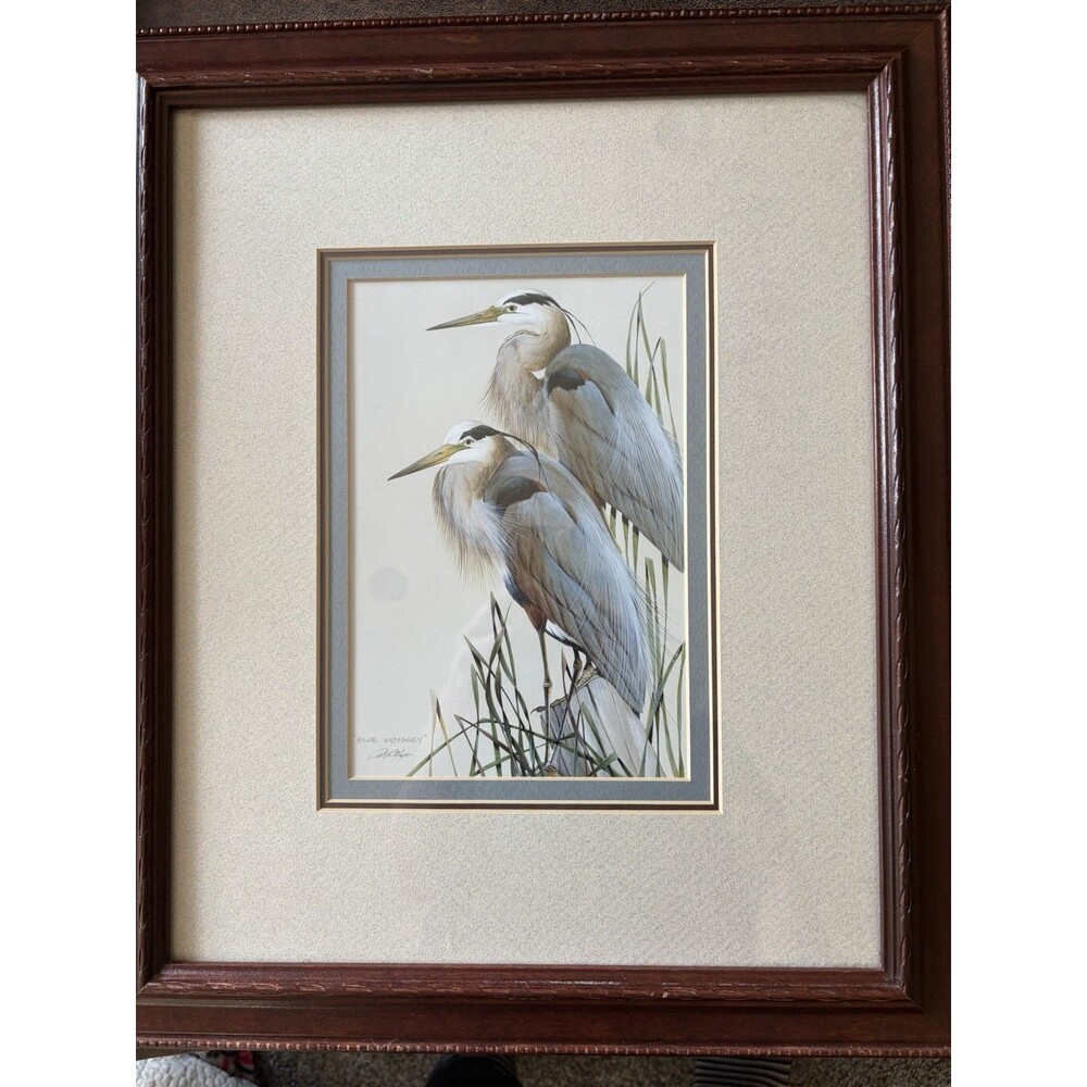 Art LaMay Matted Wood Frame Signed Print Blue Odyssey 12.5”x15” Blue Heron Birds